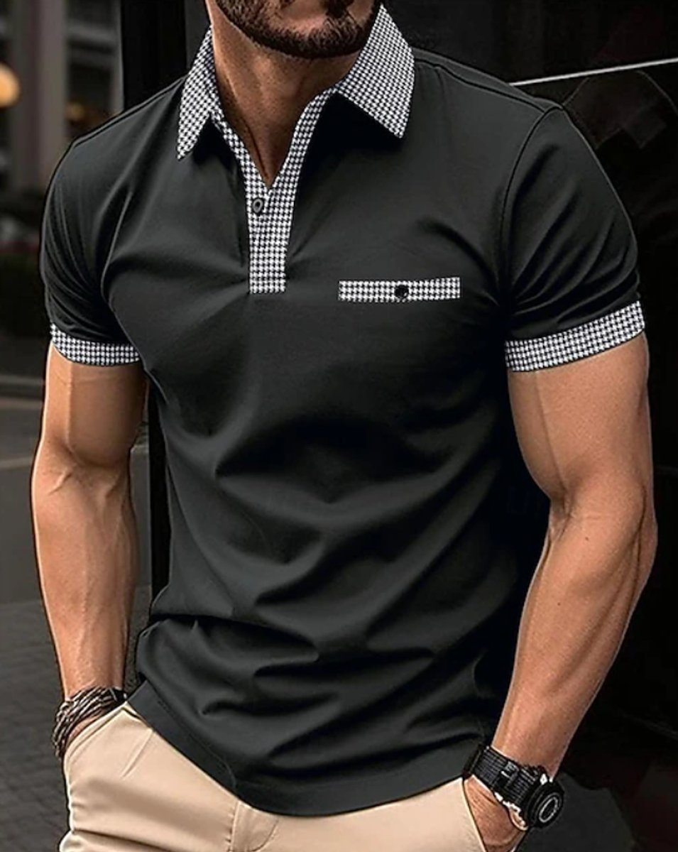 Men's Checkered Collar Short-Sleeve Polo Shirt - Black
