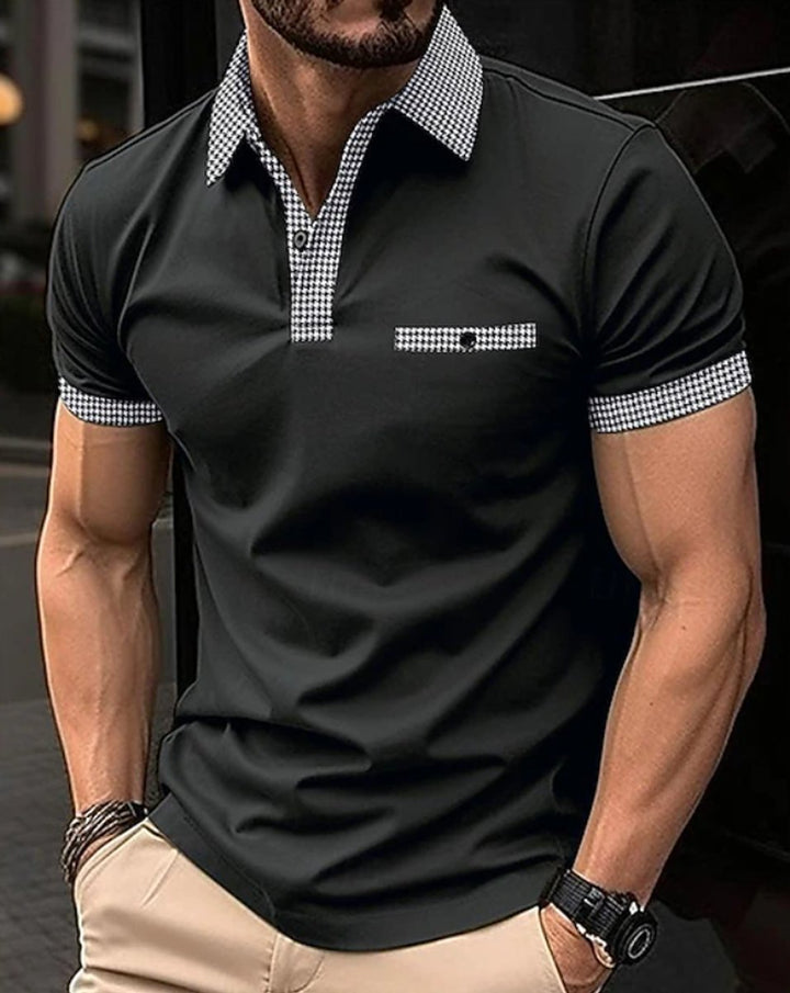 Men's Checkered Collar Short-Sleeve Polo Shirt - Black