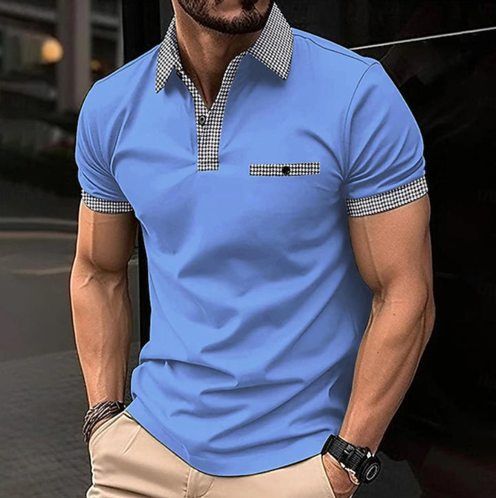 Men's Checkered Collar Short-Sleeve Polo Shirt - Blue