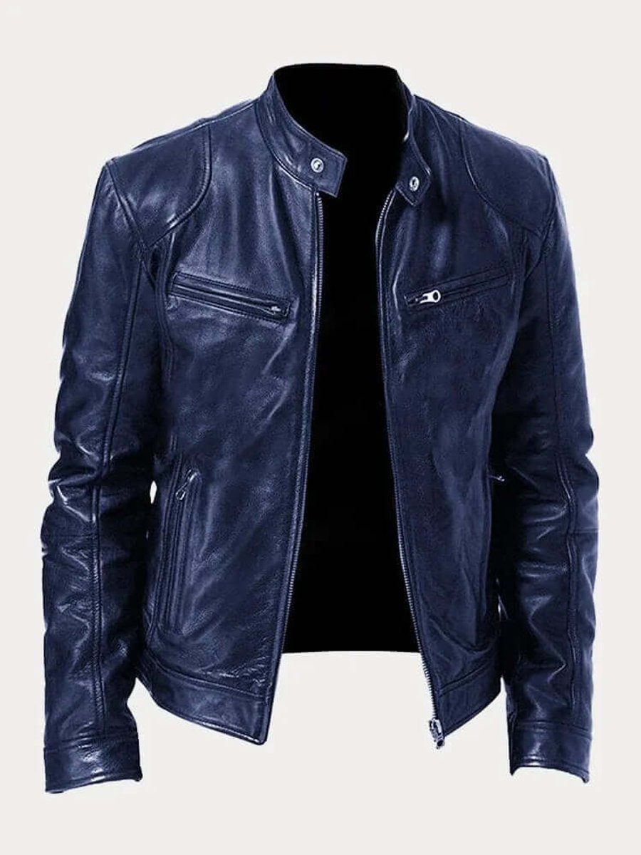 Men's Classic Biker Leather Jacket Stand-Up Collar Zip - Dark Blue