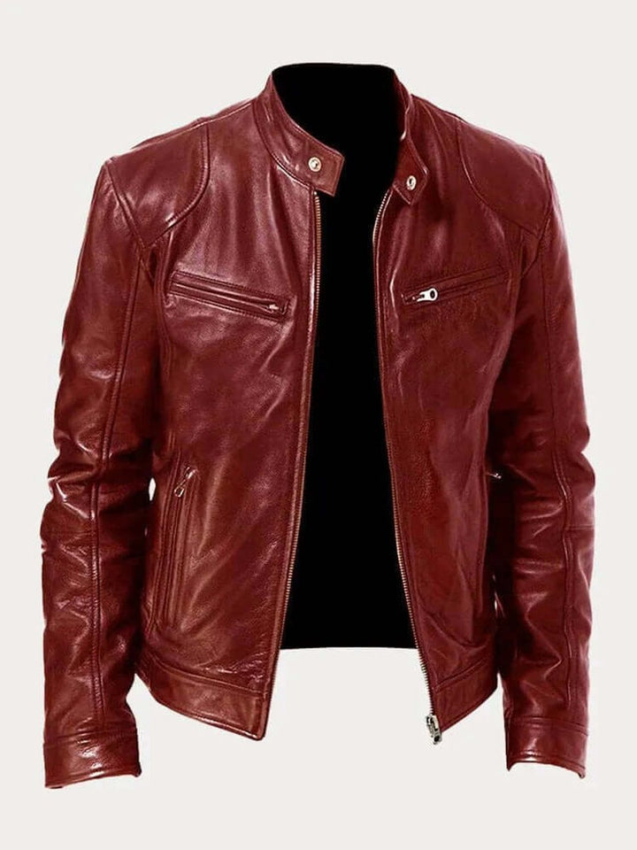 Men's Classic Biker Leather Jacket Stand-Up Collar Zip - Burgundy