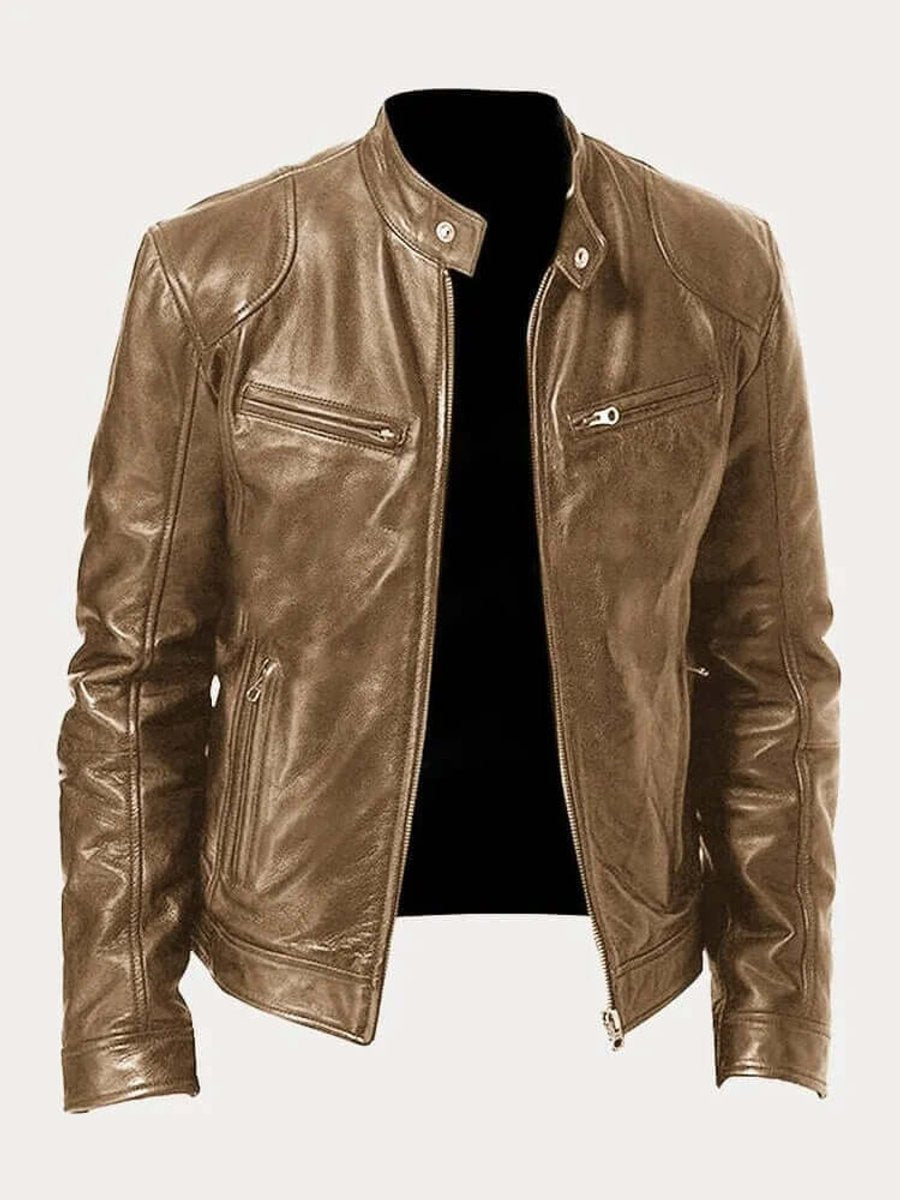 Men's Classic Biker Leather Jacket Stand-Up Collar Zip - Khaki