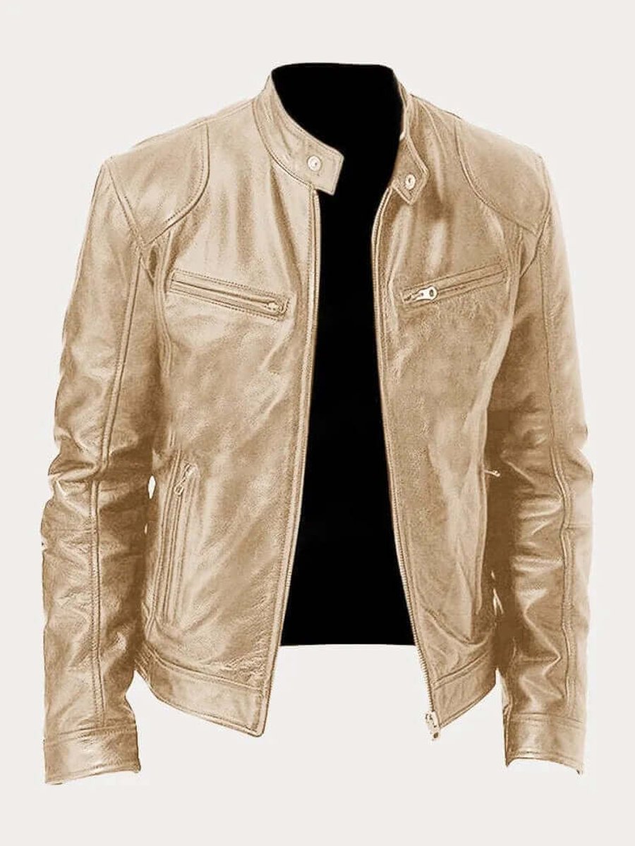 Men's Classic Biker Leather Jacket Stand-Up Collar Zip - Gold