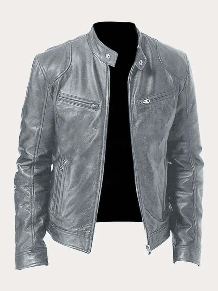 Men's Classic Biker Leather Jacket Stand-Up Collar Zip - Gray