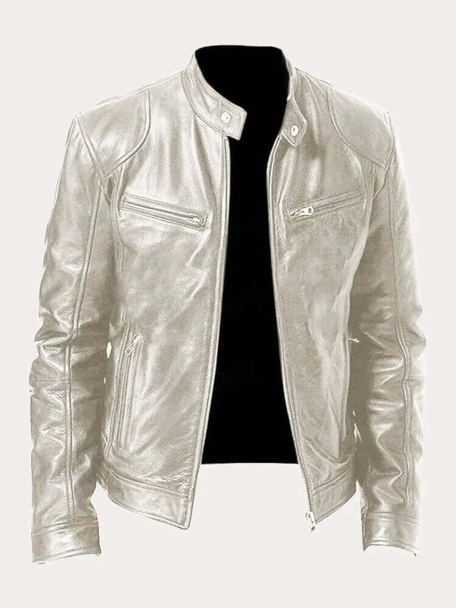 Men's Classic Biker Leather Jacket Stand-Up Collar Zip - Silver
