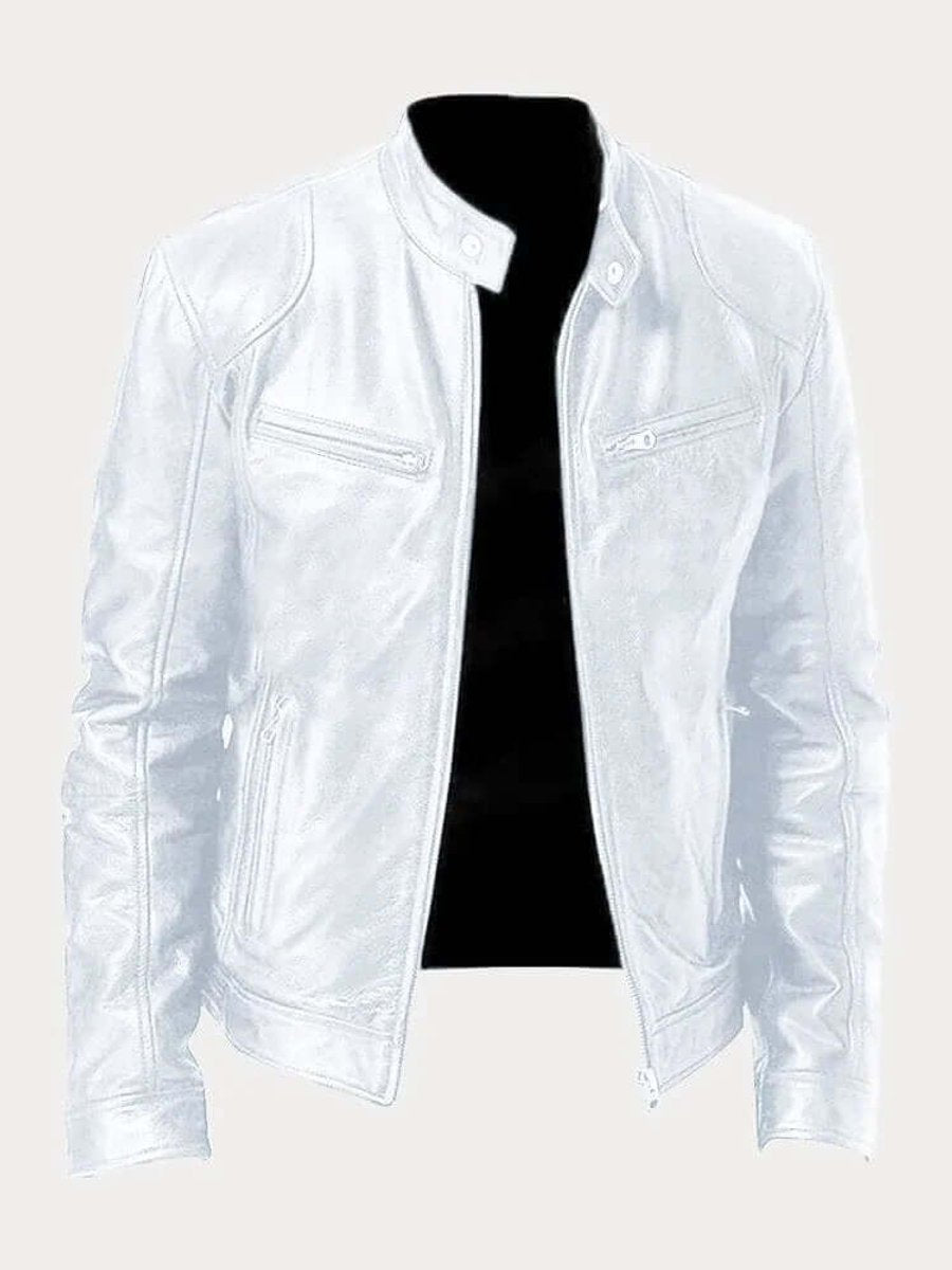 Men's Classic Biker Leather Jacket Stand-Up Collar Zip - White