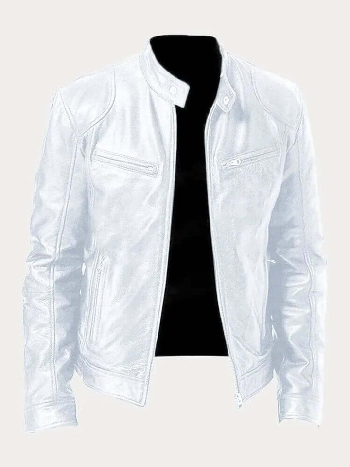 Men's Classic Biker Leather Jacket Stand-Up Collar Zip - White