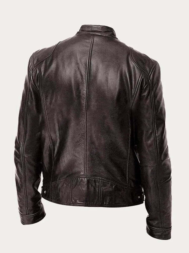 Men's Classic Biker Leather Jacket Stand-Up Collar Zip