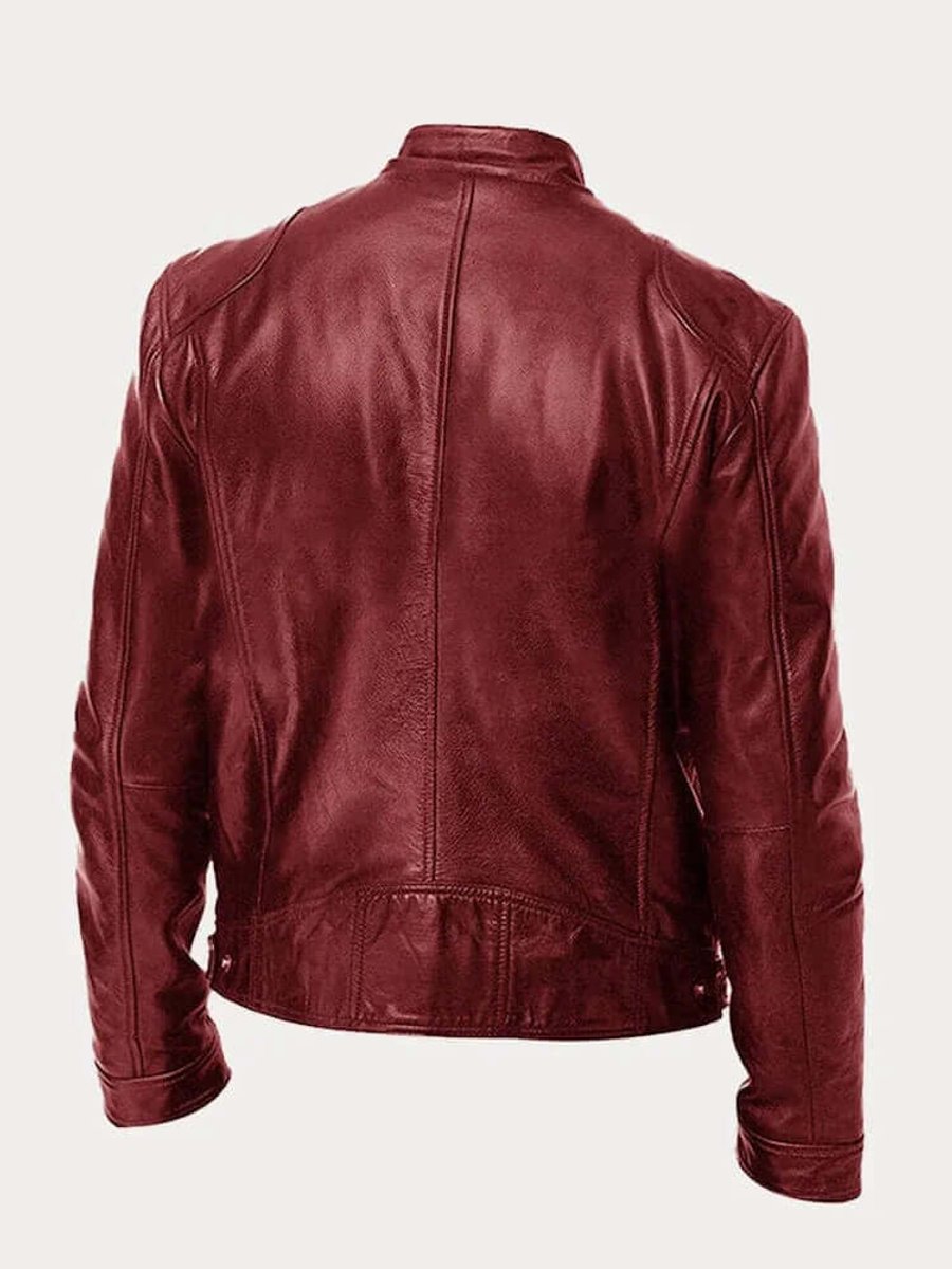 Men's Classic Biker Leather Jacket Stand-Up Collar Zip