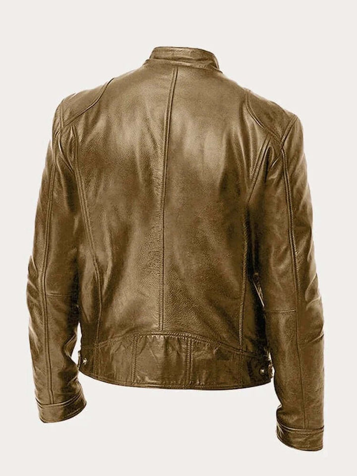 Men's Classic Biker Leather Jacket Stand-Up Collar Zip