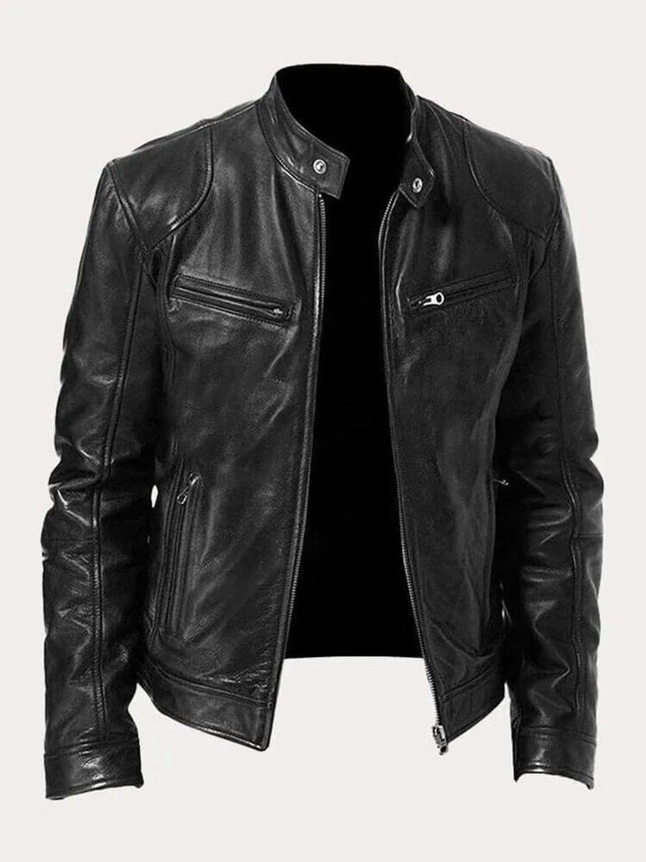 Men's Classic Biker Leather Jacket Stand-Up Collar Zip - Black