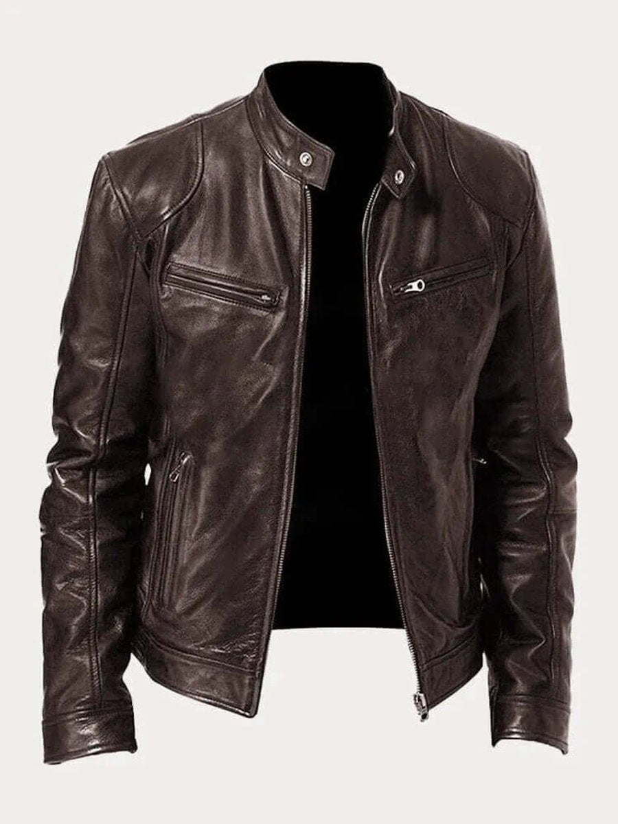 Men's Classic Biker Leather Jacket Stand-Up Collar Zip - Brown