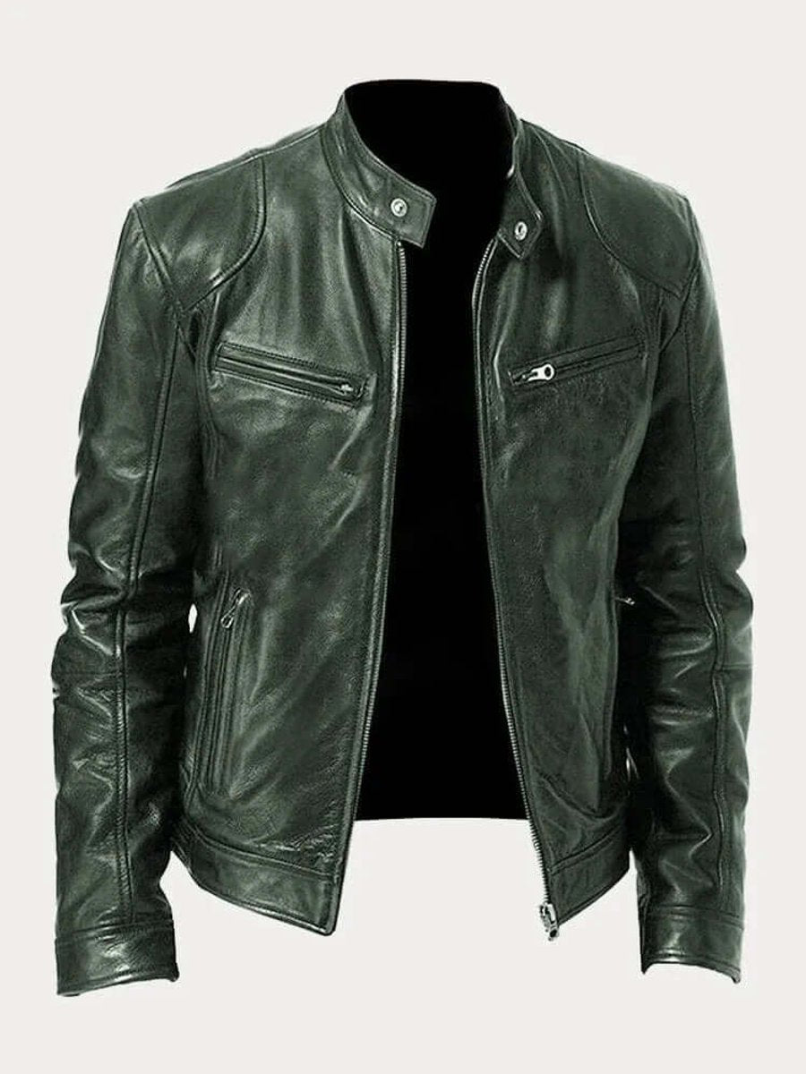 Men's Classic Biker Leather Jacket Stand-Up Collar Zip - Military Green