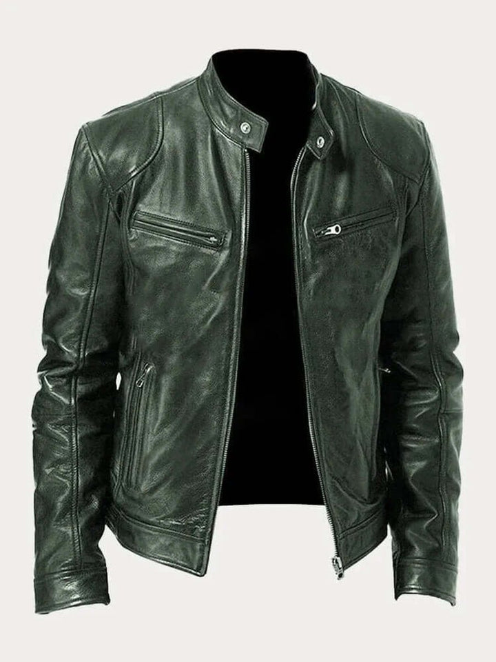 Men's Classic Biker Leather Jacket Stand-Up Collar Zip - Military Green