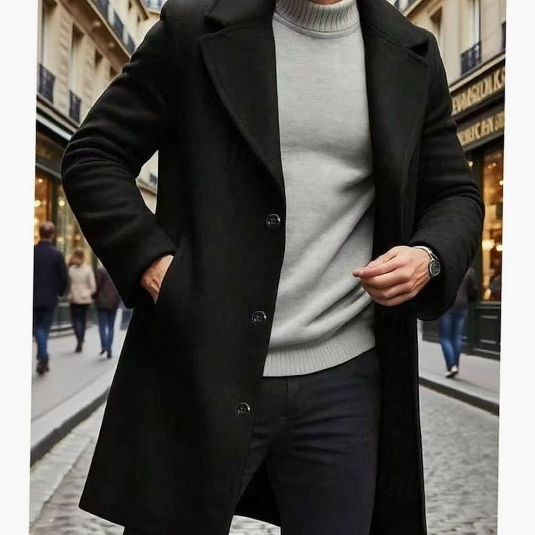 Men's Classic Long Wool Coat Single-Breasted Overcoat - Black