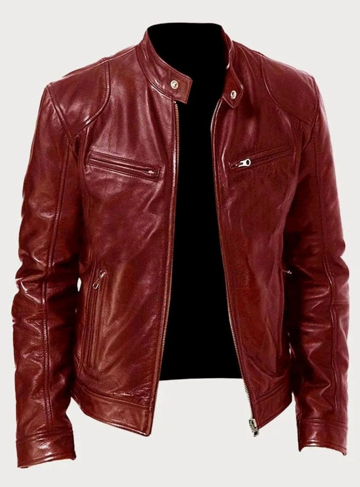 Men's Classic Moto Style Jacket Slim-Fit Leather Zip-Up Biker - Red