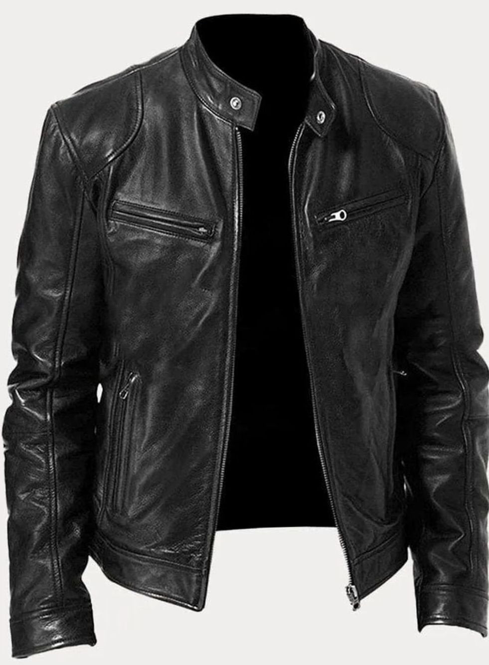 Men's Classic Moto Style Jacket Slim-Fit Leather Zip-Up Biker - Black