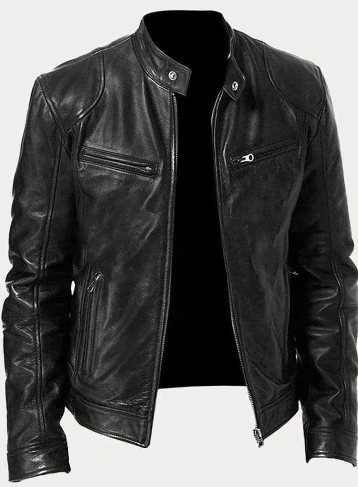 Men's Classic Moto Style Jacket Slim-Fit Leather Zip-Up Biker - Black