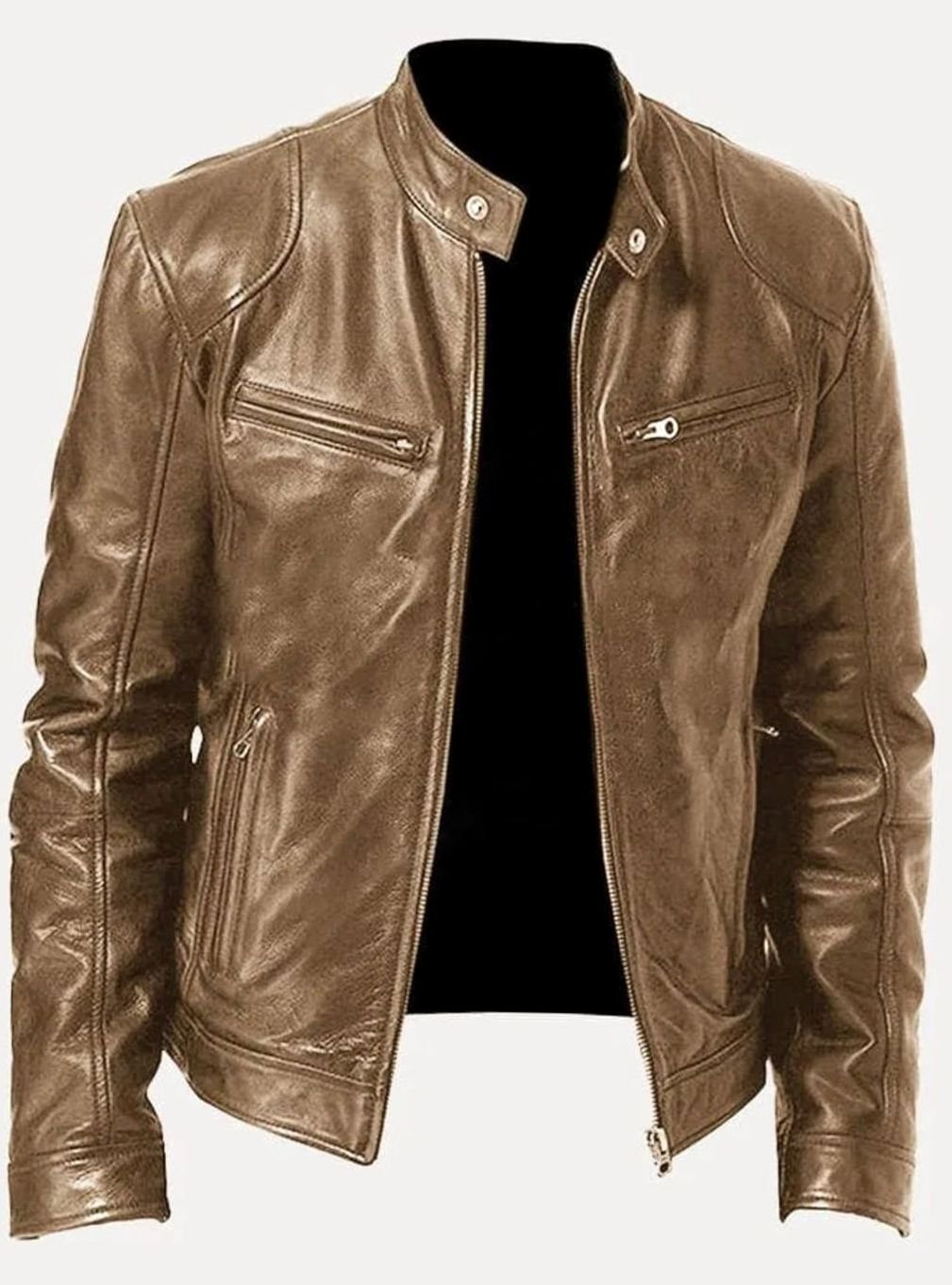 Men's Classic Moto Style Jacket Slim-Fit Leather Zip-Up Biker - Beige