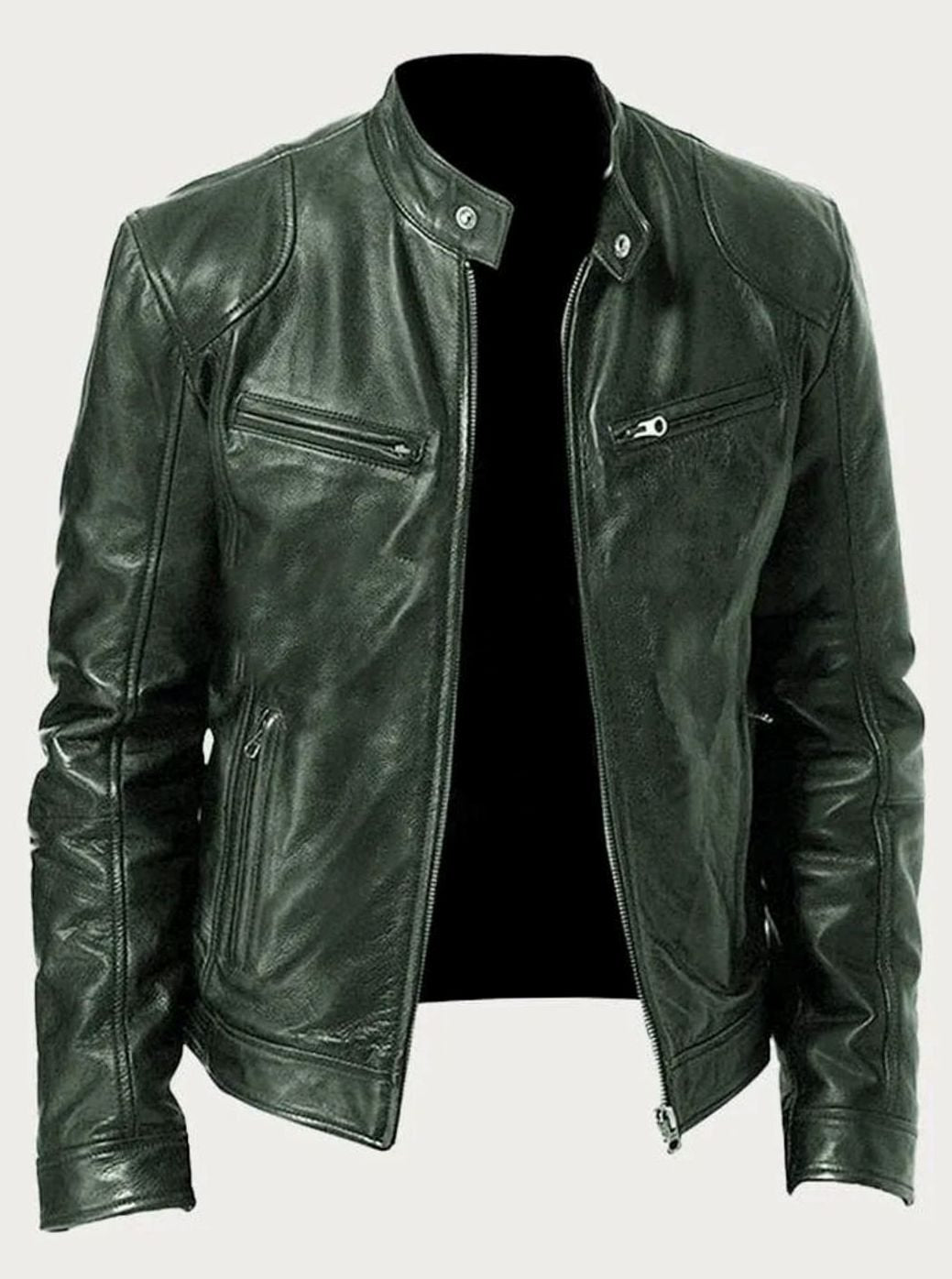 Men's Classic Moto Style Jacket Slim-Fit Leather Zip-Up Biker - Green