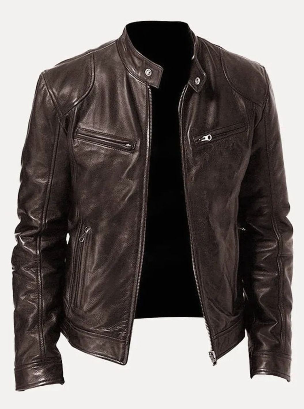 Men's Classic Moto Style Jacket Slim-Fit Leather Zip-Up Biker - Brown