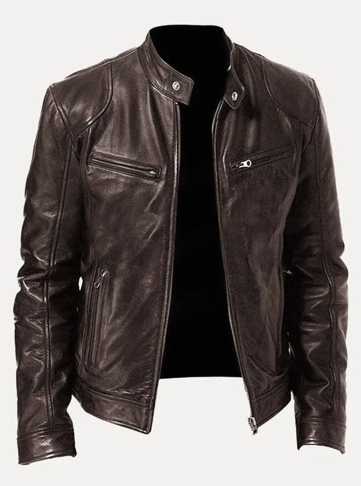 Men's Classic Moto Style Jacket Slim-Fit Leather Zip-Up Biker - Brown