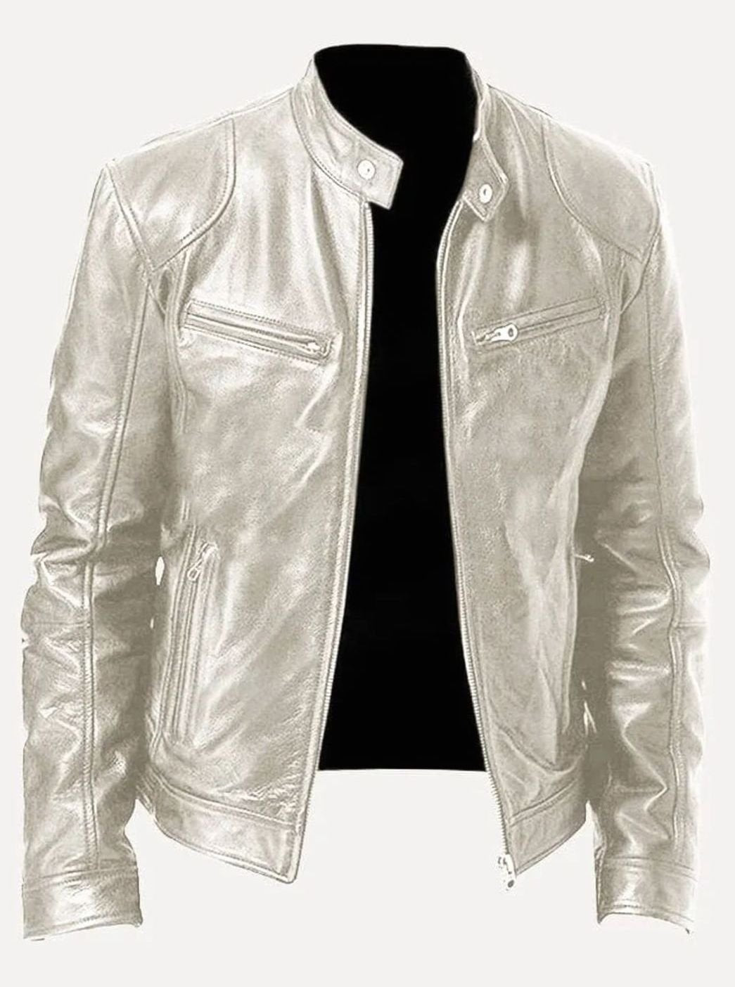 Men's Classic Moto Style Jacket Slim-Fit Leather Zip-Up Biker - Silver