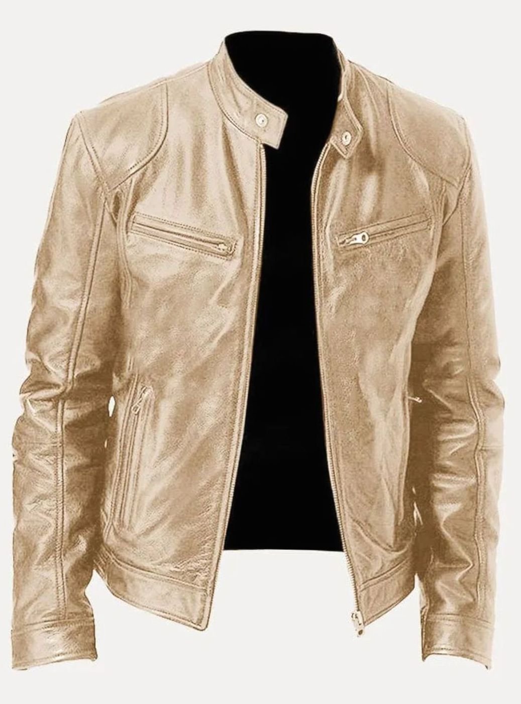 Men's Classic Moto Style Jacket Slim-Fit Leather Zip-Up Biker - Gold