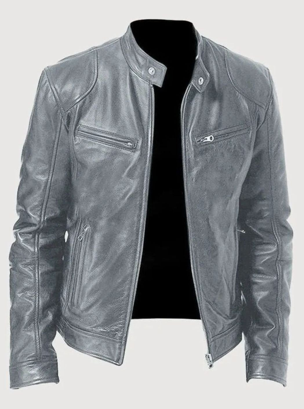 Men's Classic Moto Style Jacket Slim-Fit Leather Zip-Up Biker - Gray