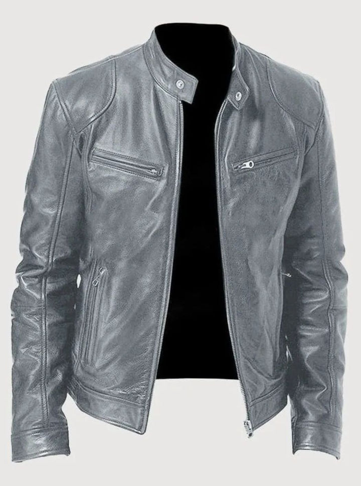 Men's Classic Moto Style Jacket Slim-Fit Leather Zip-Up Biker - Gray