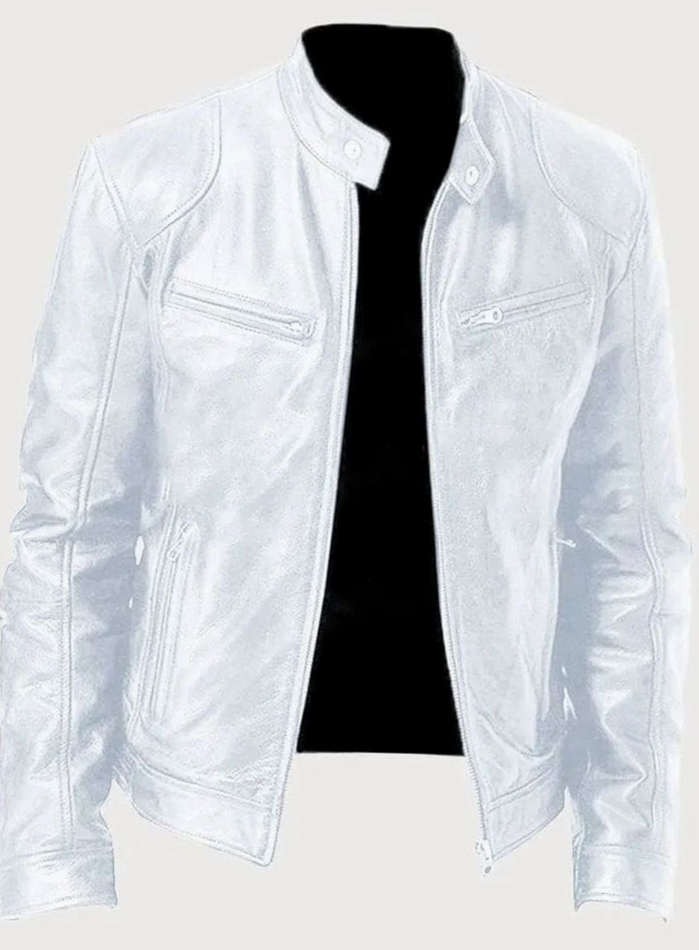 Men's Classic Moto Style Jacket Slim-Fit Leather Zip-Up Biker - White