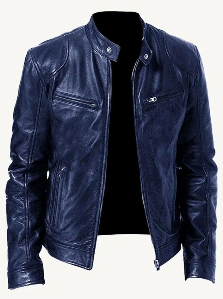 Men's Classic Moto Style Jacket Slim-Fit Leather Zip-Up Biker - Navy
