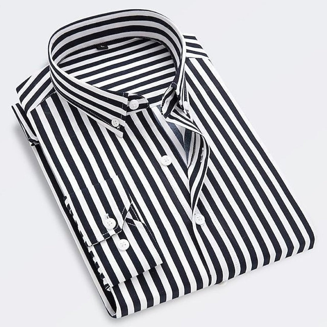 Men's Classic Striped Long-Sleeve Button-Down Dress Shirt - Black