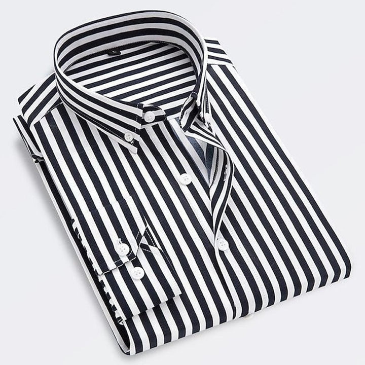 Men's Classic Striped Long-Sleeve Button-Down Dress Shirt - Black