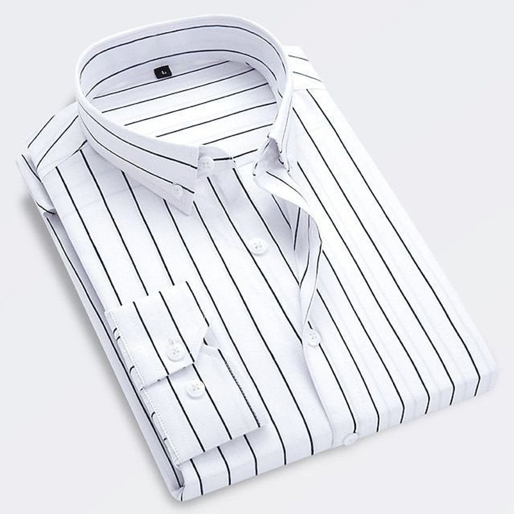 Men's Classic Striped Long-Sleeve Button-Down Dress Shirt - White