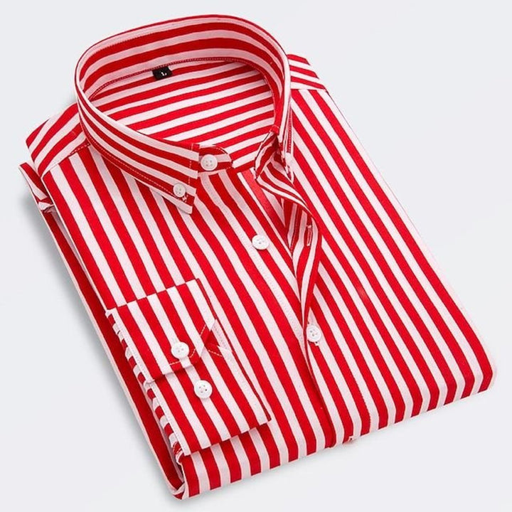 Men's Classic Striped Long-Sleeve Button-Down Dress Shirt - Red
