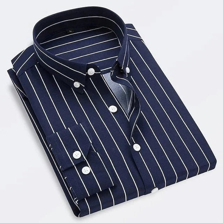 Men's Classic Striped Long-Sleeve Button-Down Dress Shirt - Navy Blue