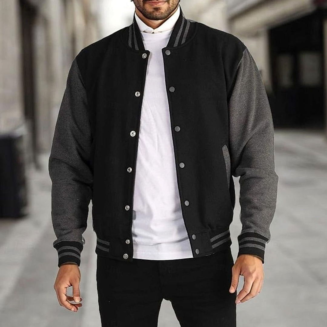 Men's Classic Varsity Bomber Jacket Snap-Button Regular Fit - Black