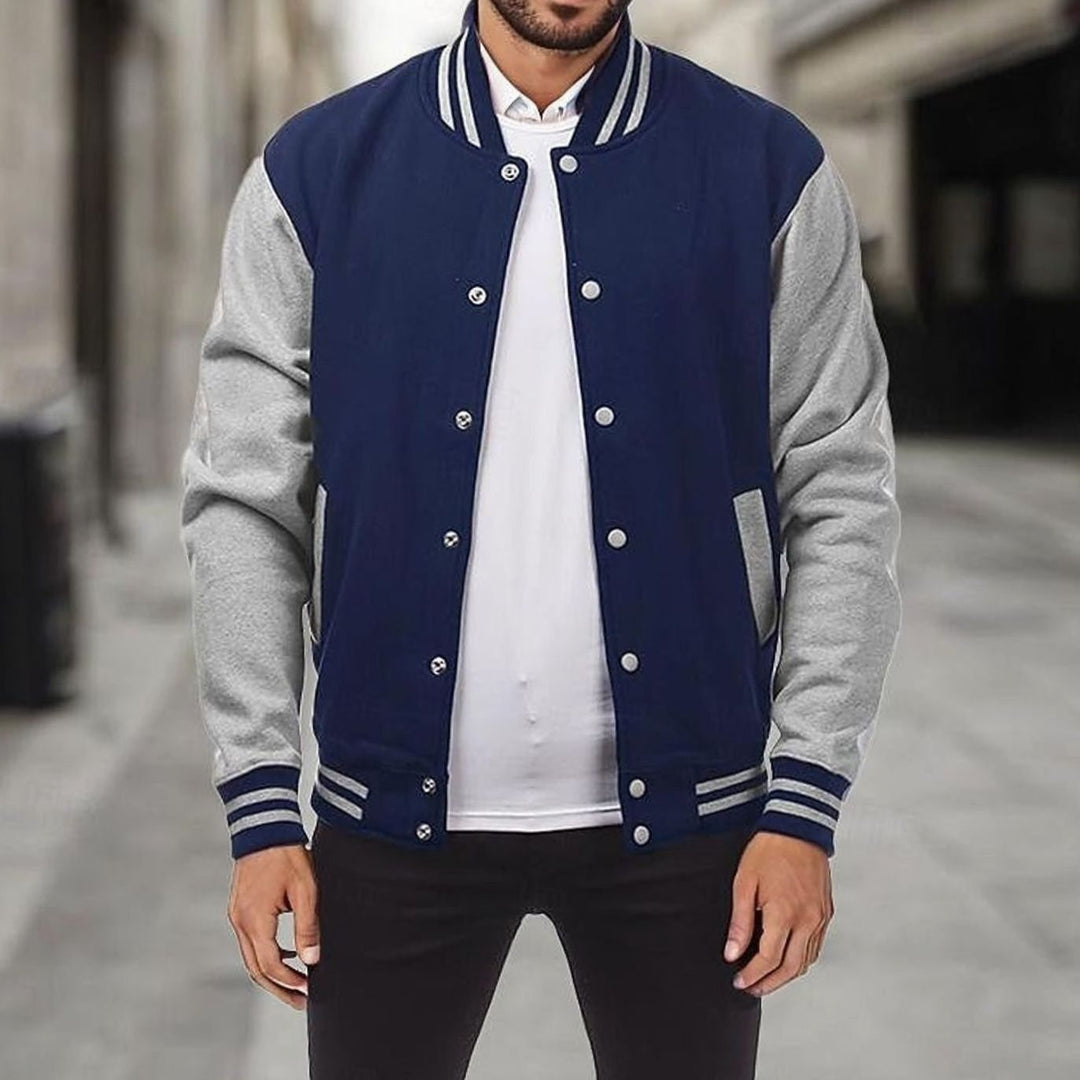 Men's Classic Varsity Bomber Jacket Snap-Button Regular Fit - Navy Blue