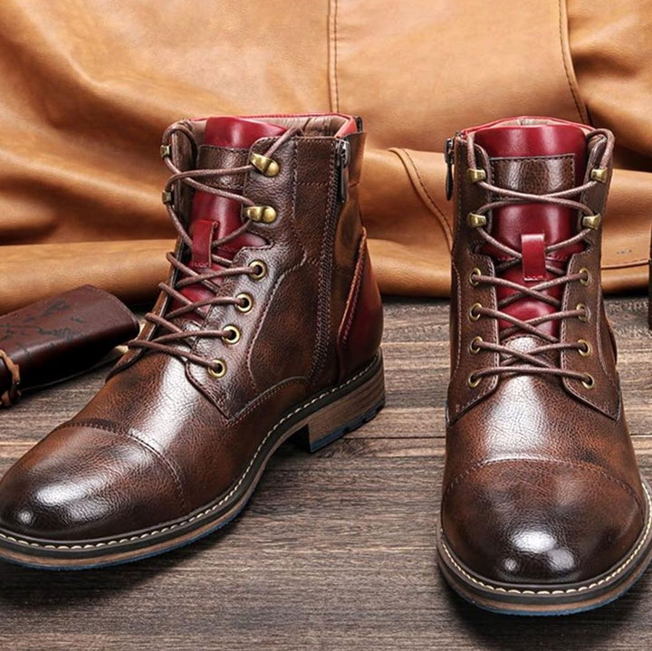 Men's Classic Zip Lace-Up Cap-Toe Leather Ankle Boots - Brown