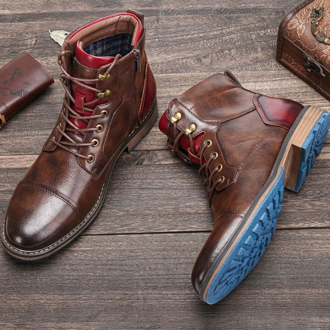 Men's Classic Zip Lace-Up Cap-Toe Leather Ankle Boots