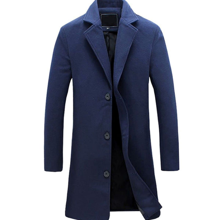 Men's Cold Weather Insulated Single-Breasted Wool-Blend Trench Coat - Navy Blue