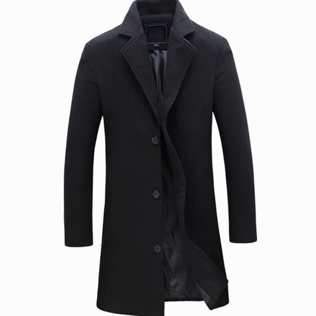 Men's Cold Weather Insulated Single-Breasted Wool-Blend Trench Coat - Black