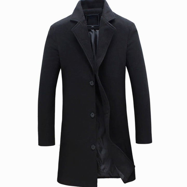 Men's Cold Weather Insulated Single-Breasted Wool-Blend Trench Coat - Black