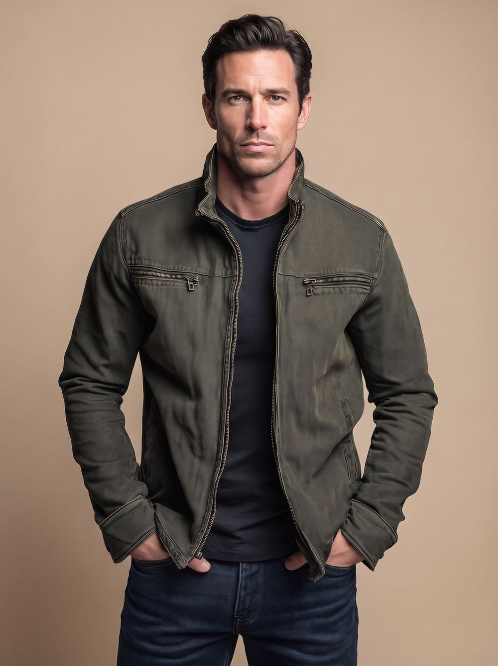 Men's Cotton Stand-Collar Full-Zip Moto Jacket