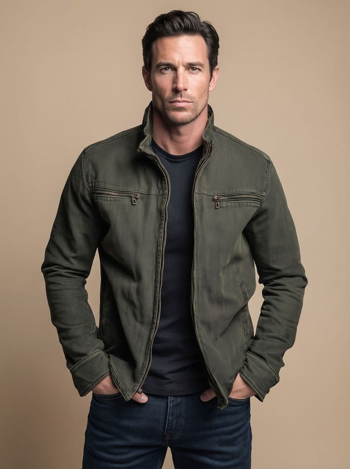 Men's Cotton Stand-Collar Full-Zip Moto Jacket - Army Green