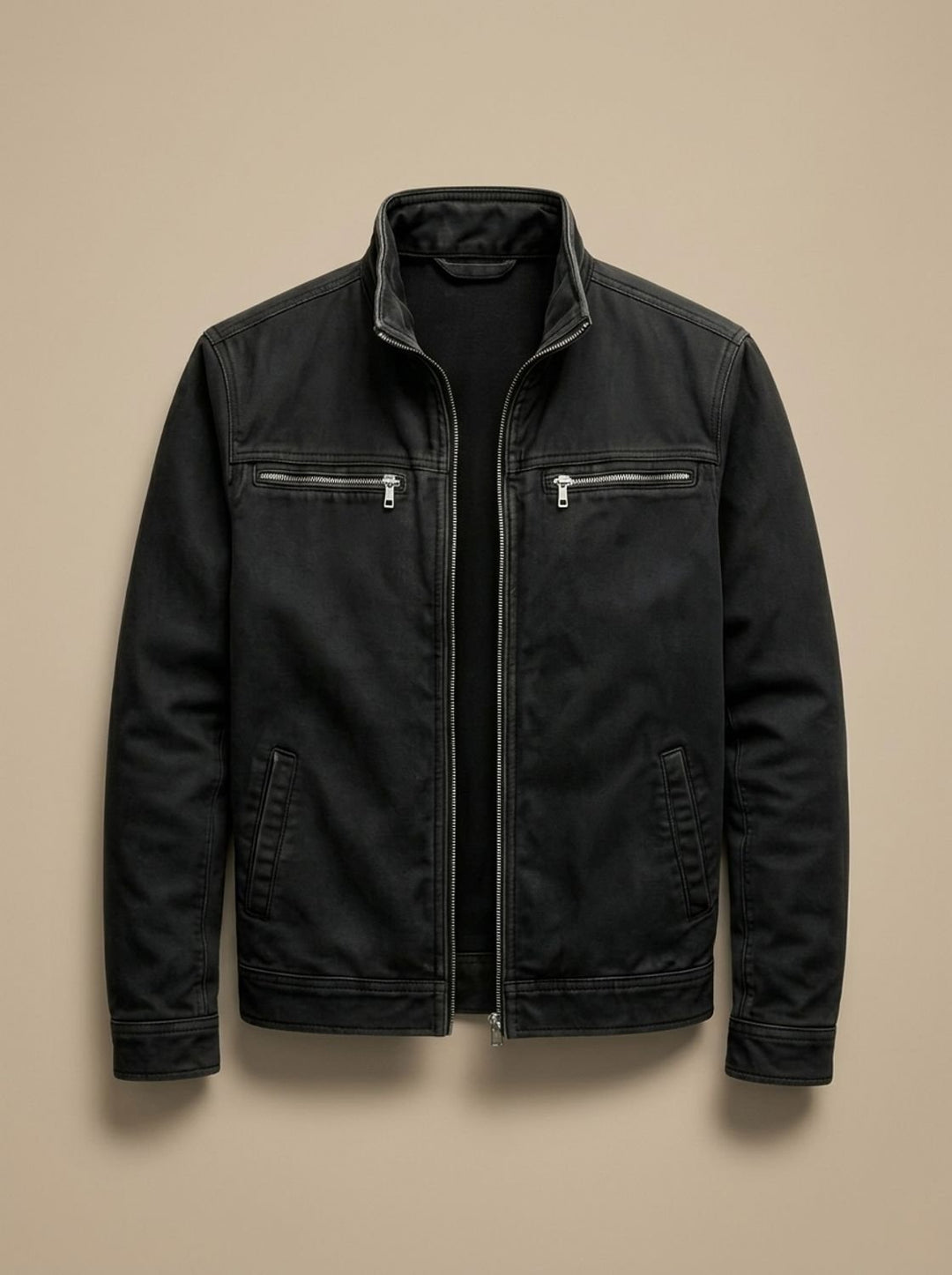 Men's Cotton Stand-Collar Full-Zip Moto Jacket - Black