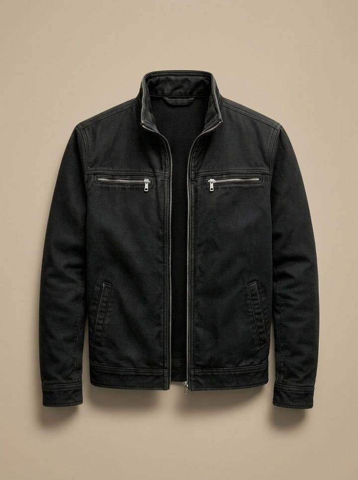 Men's Cotton Stand-Collar Full-Zip Moto Jacket - Black