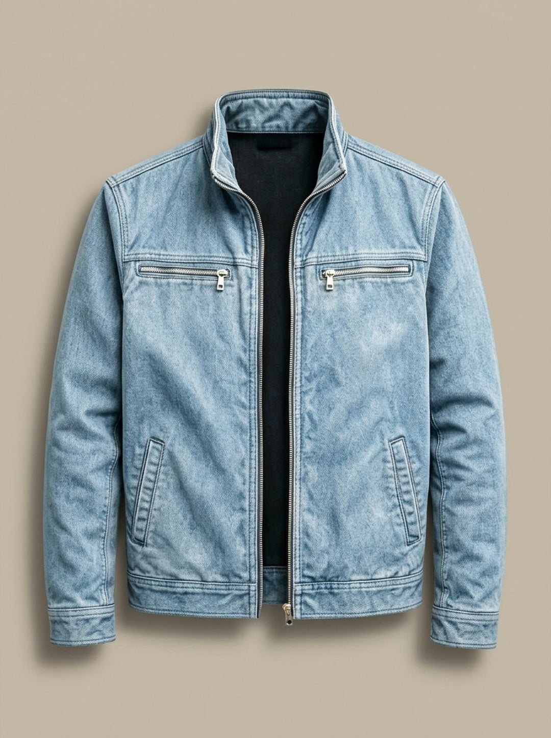 Men's Cotton Stand-Collar Full-Zip Moto Jacket - Blue