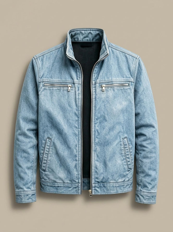 Men's Cotton Stand-Collar Full-Zip Moto Jacket - Blue